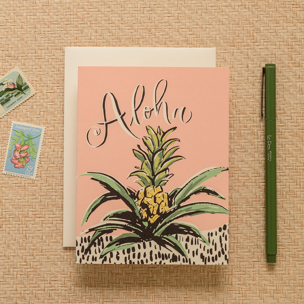 Aloha Pineapple greeting card featuring a tropical pineapple illustration and calligraphy, ideal for island vibes