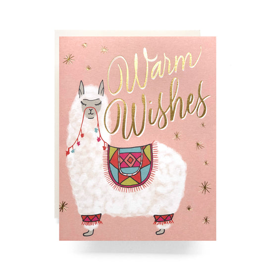 Alpaca warm wishes holiday card with a cute alpaca illustration, perfect for sending cozy greetings, blank inside.