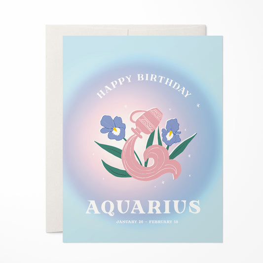 Modern birthday card featuring the Aquarius symbol with abstract water motifs and electric colors, celebrating Aquarius's innovative and humanitarian spirit.