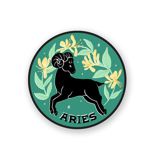 Aries zodiac sticker featuring a bold ram design with vibrant colors, symbolizing courage and determination