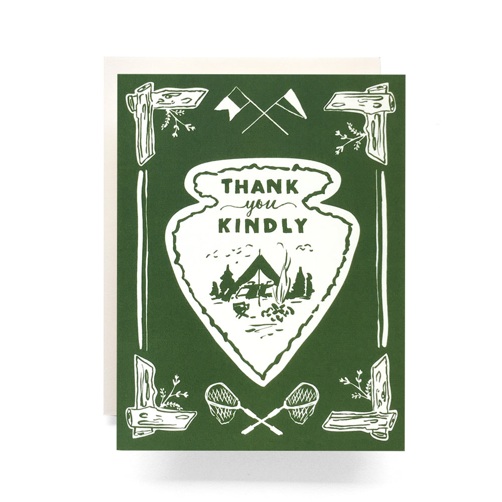 Thank you card showcasing an arrowhead illustration cutout with rustic, outdoor illustrations.