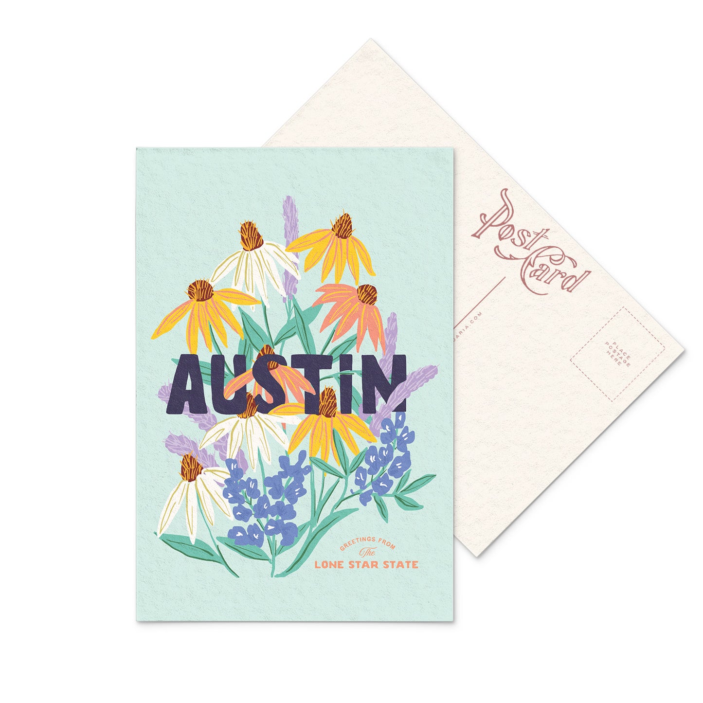 Beautiful Austin, Texas postcard showcasing the beautiful wildflowers of the state in vivid colors on a blue background.