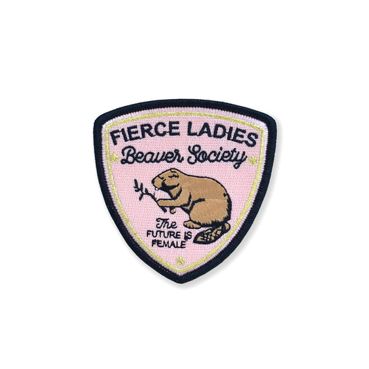 Motivational 'Fierce Ladies' embroidered iron-on patch featuring a beaver, ideal for customizing planners, notebooks, and clothing.