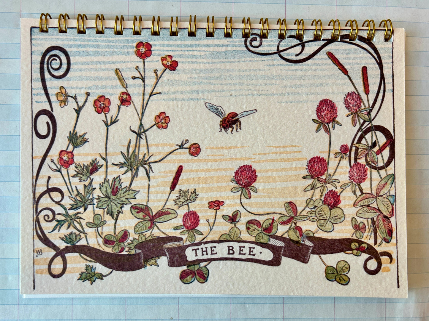 floral themed softcover spiral-bound notebook featuring a beautiful flowers and a bee design. lined interior pages. 