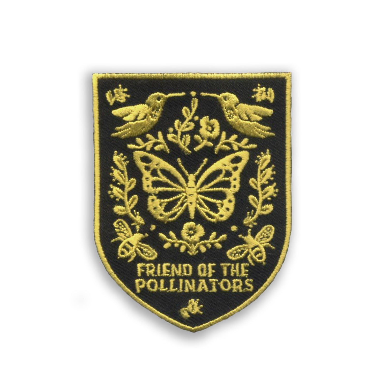 Vibrant Friend of the Pollinators embroidered iron-on patch featuring butterflies, and flowers, perfect for jackets, bags, or hats to support pollinator conservation.