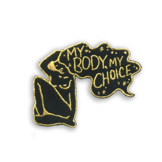 Bold My Body My Choice embroidered iron-on patch with vibrant lettering and feminist symbol, ideal for personalizing jackets, bags, or accessories in support of women's rights