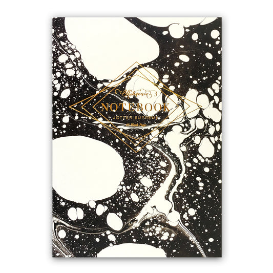 Black and white softcover staple-bound notebook featuring a marble design. Blank interior pages. 