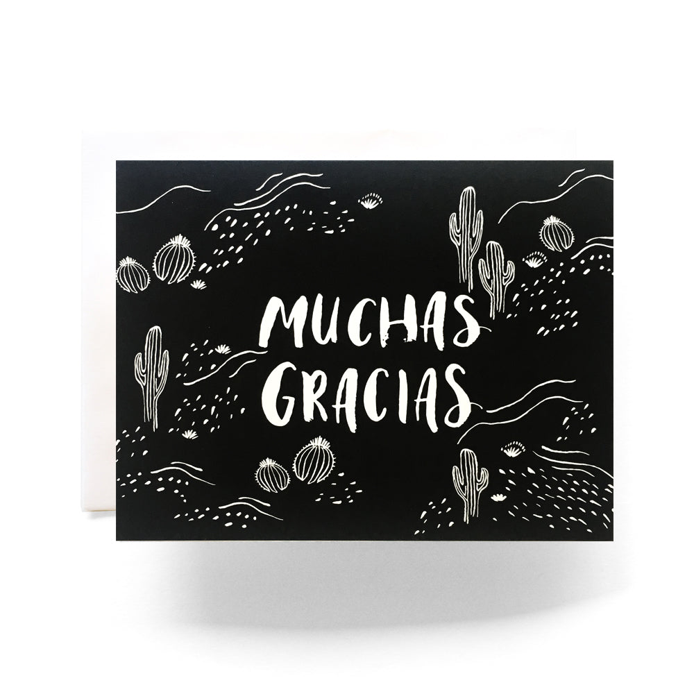 Thank you card with a black and white cactus illustrations and 'Muchas Gracias' in hand lettering