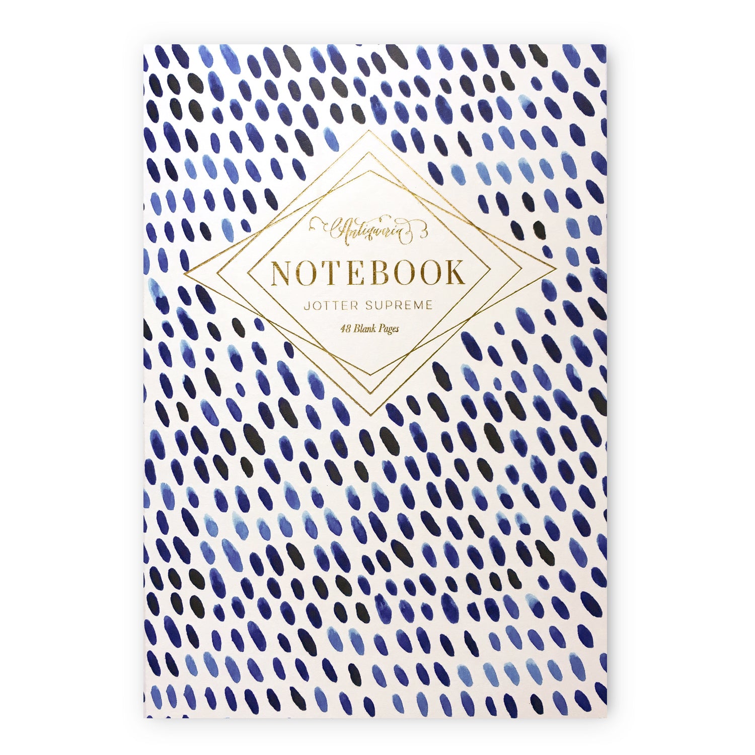 Blue and white softcover staple-bound notebook featuring blue watercolor dot design. Blank interior pages. 