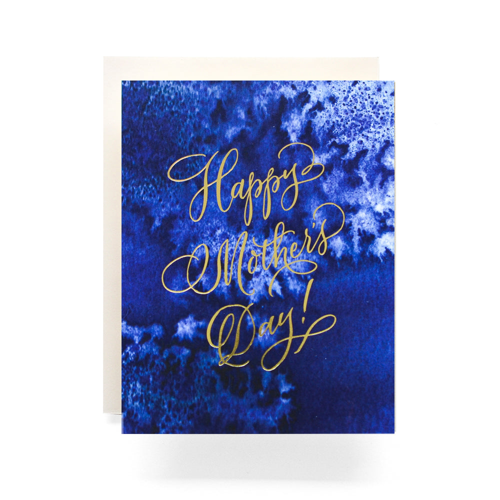 Indigo Mother's Day card with botanical indigo background and gold lettering, ideal for moms who love bold simple designs.