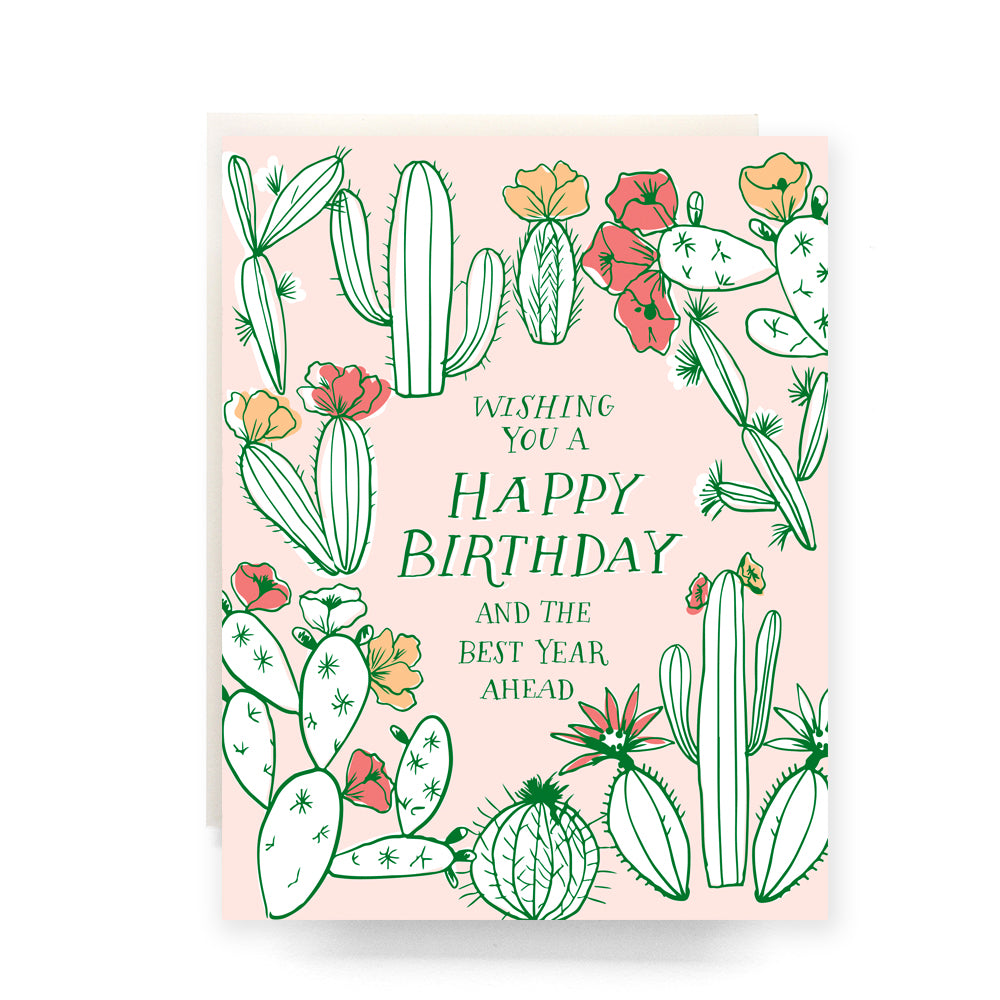 Elegant birthday card featuring a stylish cactus toile pattern with delicate illustrations of cacti and florals, perfect for a sophisticated celebration.