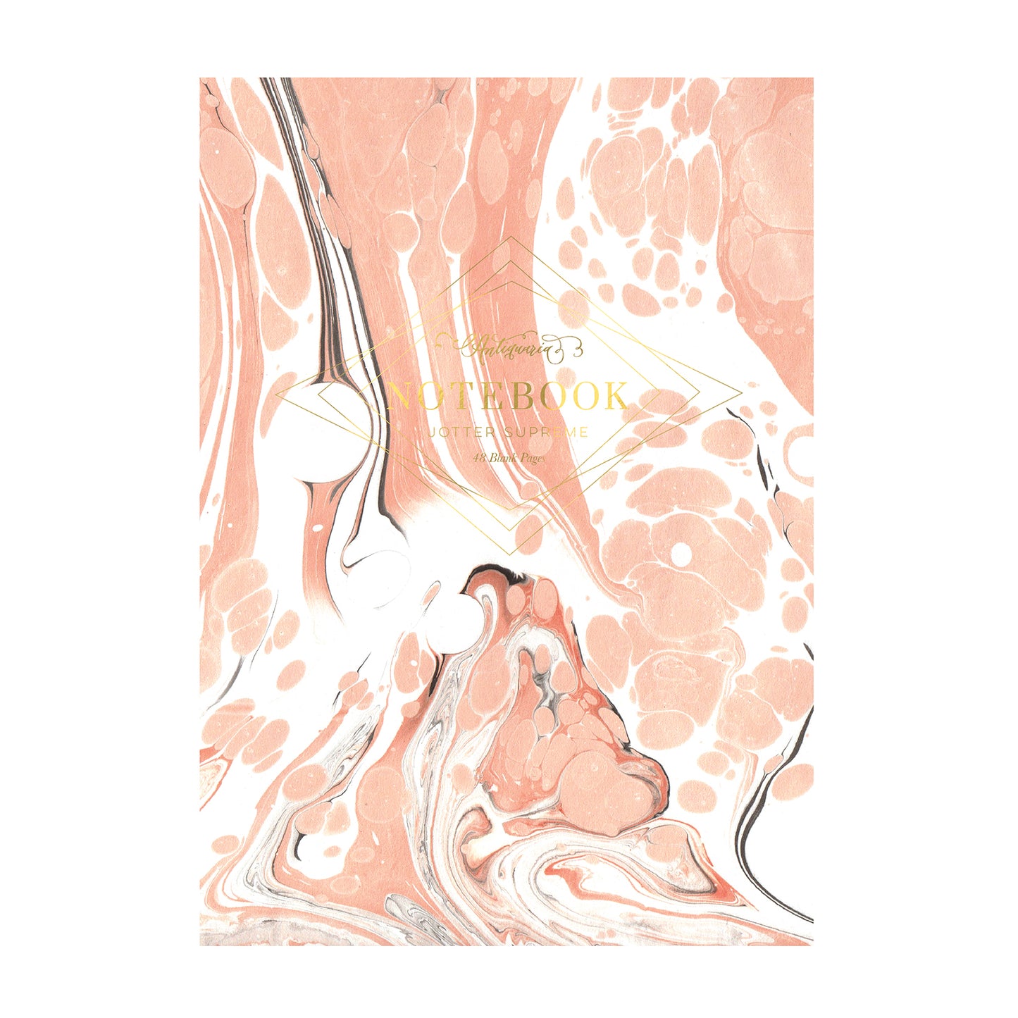 Blush and white softcover staple-bound notebook featuring a marble design. Blank interior pages. 