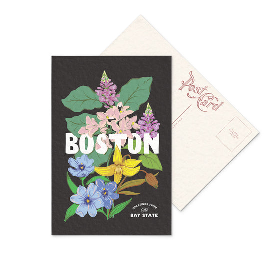 Charming postcard of Boston, Massachusetts with a colorful depiction of the Mayflower and other native flowers.