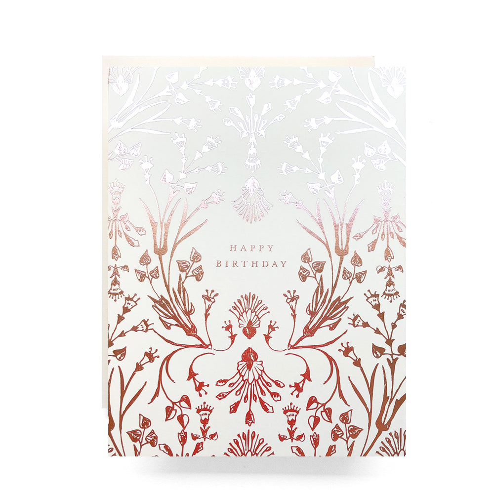 Sophisticated birthday card with a rose gold foil, featuring elegant typography and delicate botanical accents for a chic celebration.