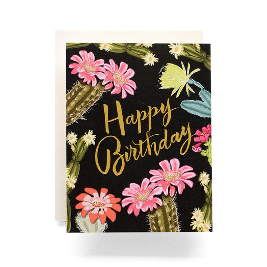 Colorful birthday card featuring a blooming cacti garden in various shades, celebrating nature's beauty and perfect for cactus enthusiasts.