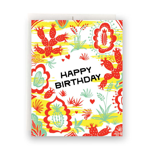 Festive birthday card with bold colors, cacti illustrations in a pattern, celebrating the excitement of a birthday fiesta.