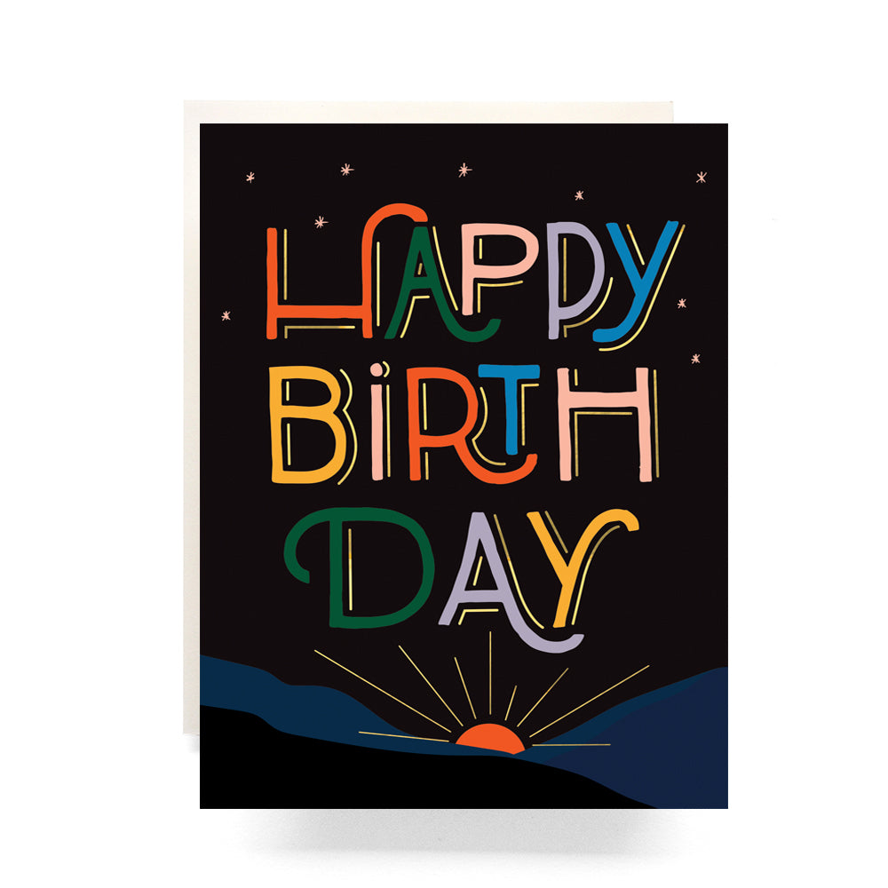 Bold birthday card showcasing a beautiful sunrise and bold colors perfect to give warm wishes for the special day.