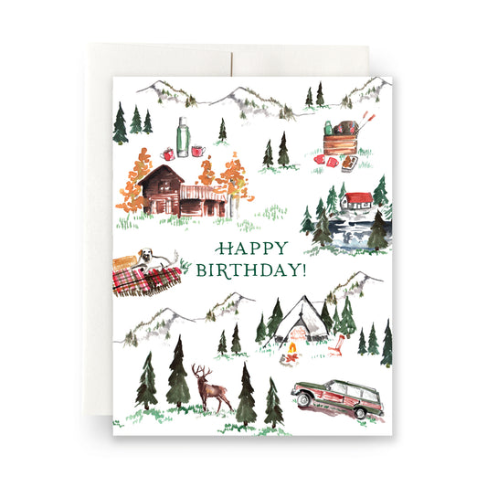 Cozy watercolor designs with a rustic cabin and mountain theme, creating a warm and inviting birthday greeting.