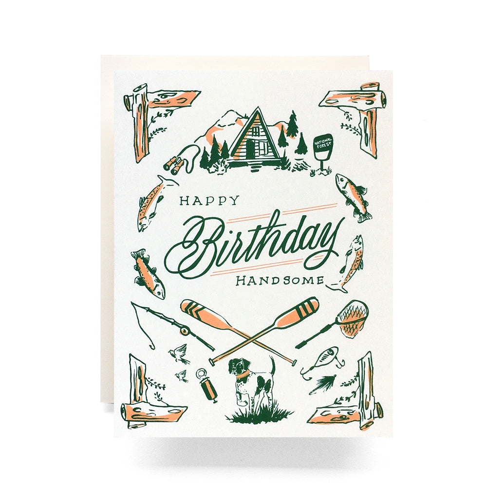 Rugged birthday card with outdoor adventure elements like mountains, trees, and camping gear, perfect for celebrating an outdoors enthusiast's special day