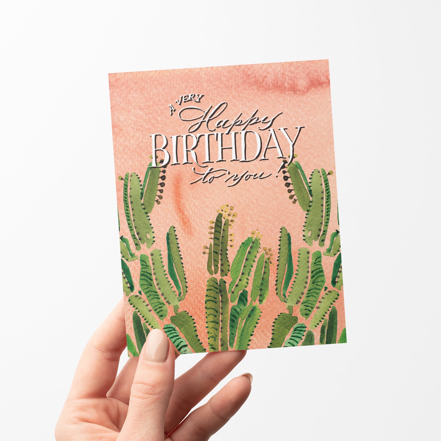 Stylish birthday card showcasing  cacti on a coral background, celebrating nature's beauty and ideal for cactus enthusiasts.