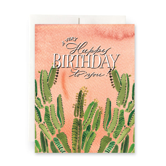 Stylish birthday card showcasing  watercolor cacti on a coral background, celebrating nature's beauty and ideal for cactus enthusiasts.