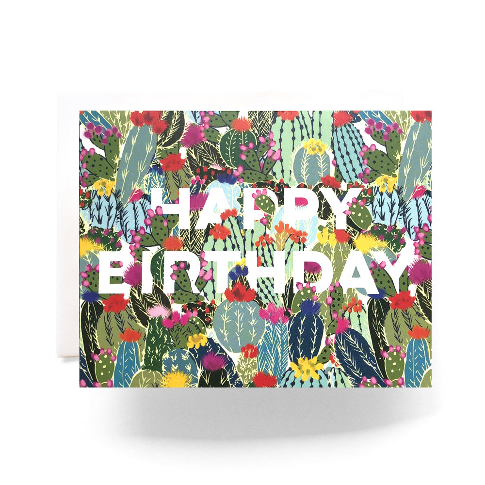 Dynamic birthday card with a burst of colorful cacti in lively designs, creating an energetic and festive atmosphere for birthday wishes