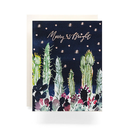 Cactus garden merry & bright holiday card, with a colorful cactus garden set against a stary backdrop, ideal for unique holiday wishes, blank inside