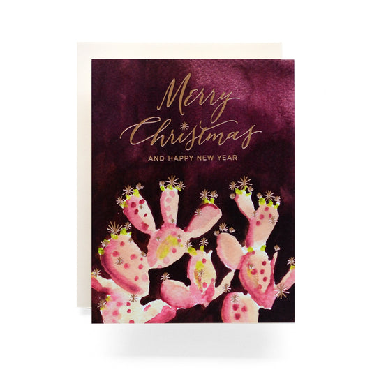 Cactus Merry Christmas holiday card featuring festive cactus illustrations, perfect for a desert-inspired Christmas greeting, blank inside.