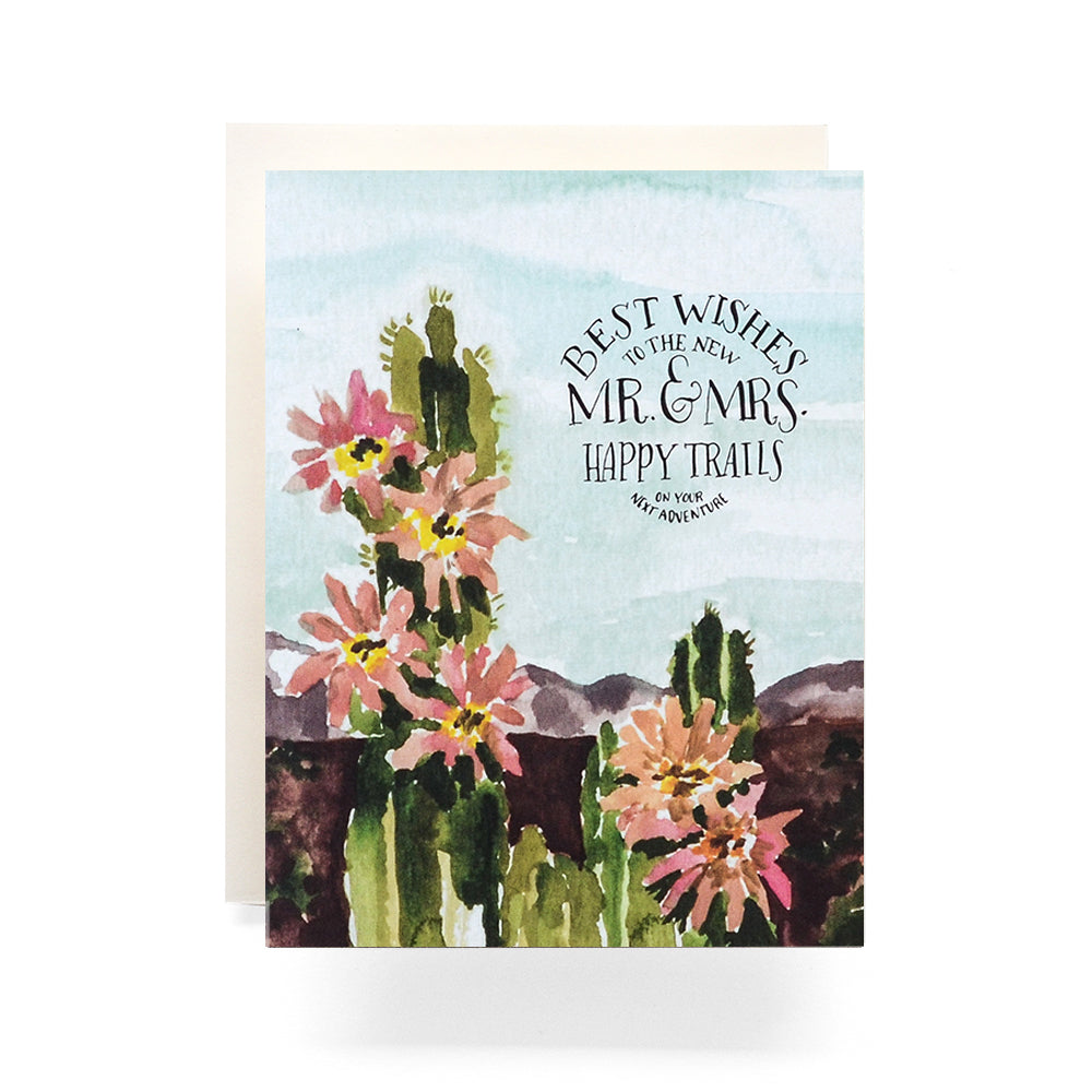 Cactus Mr. and Mrs. wedding card with playful blooming cactus illustration - ideal for newlyweds.