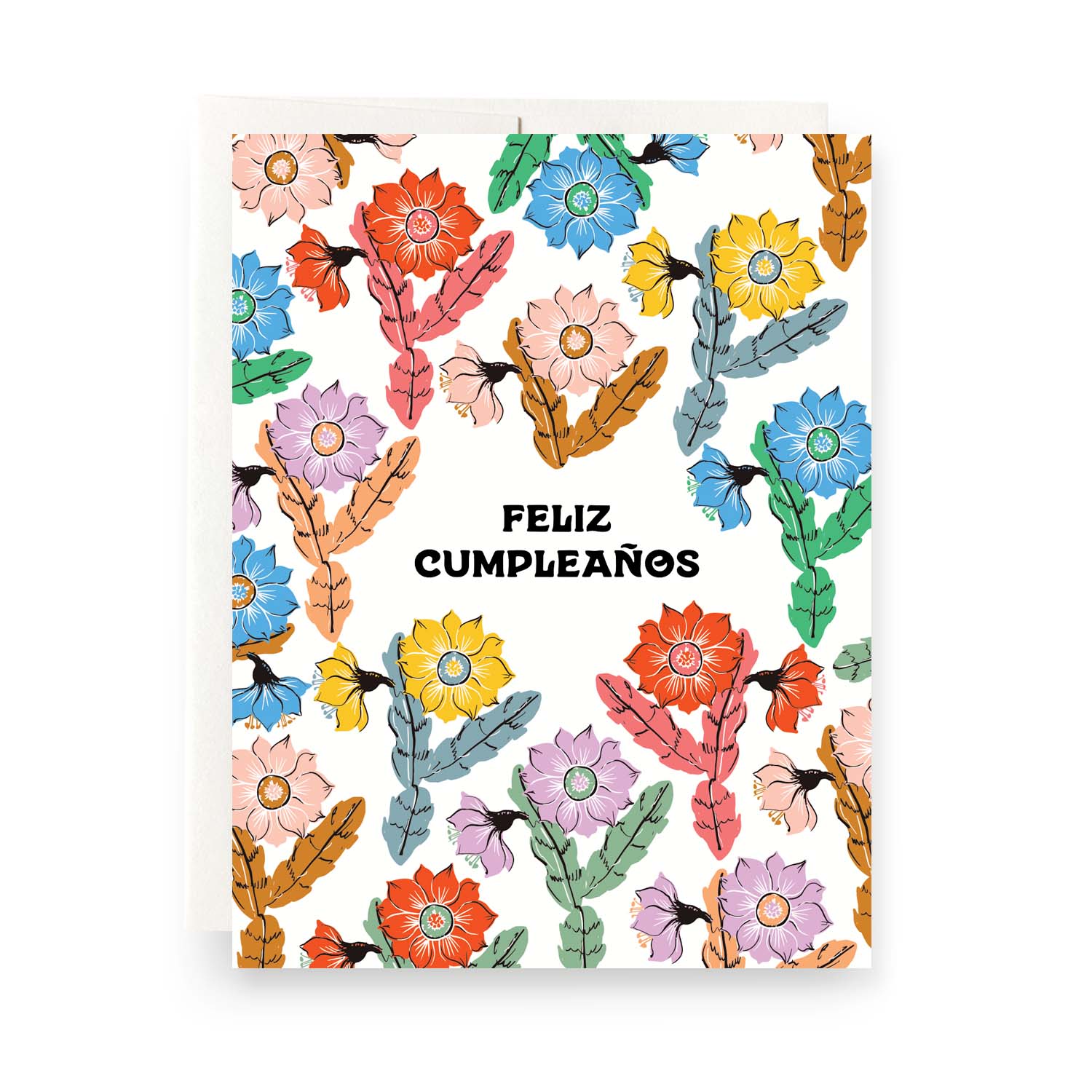 Elegant birthday card with blooming orchid cacti and vibrant colors, featuring the phrase 'Feliz Cumpleaños' for a festive celebration.