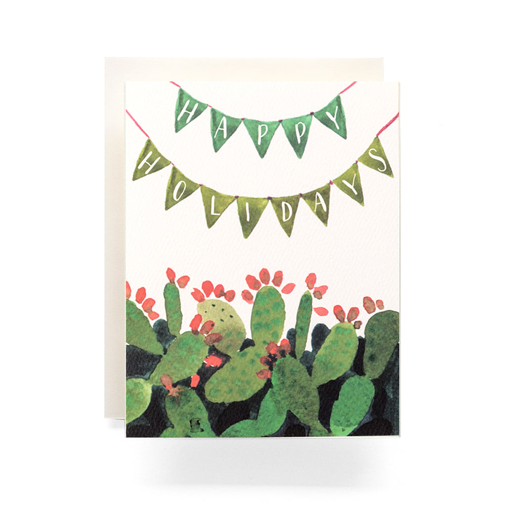 Cactus pennant holiday card, featuring a festive cacti with a holiday pennant, perfect for holiday cheer, blank inside.