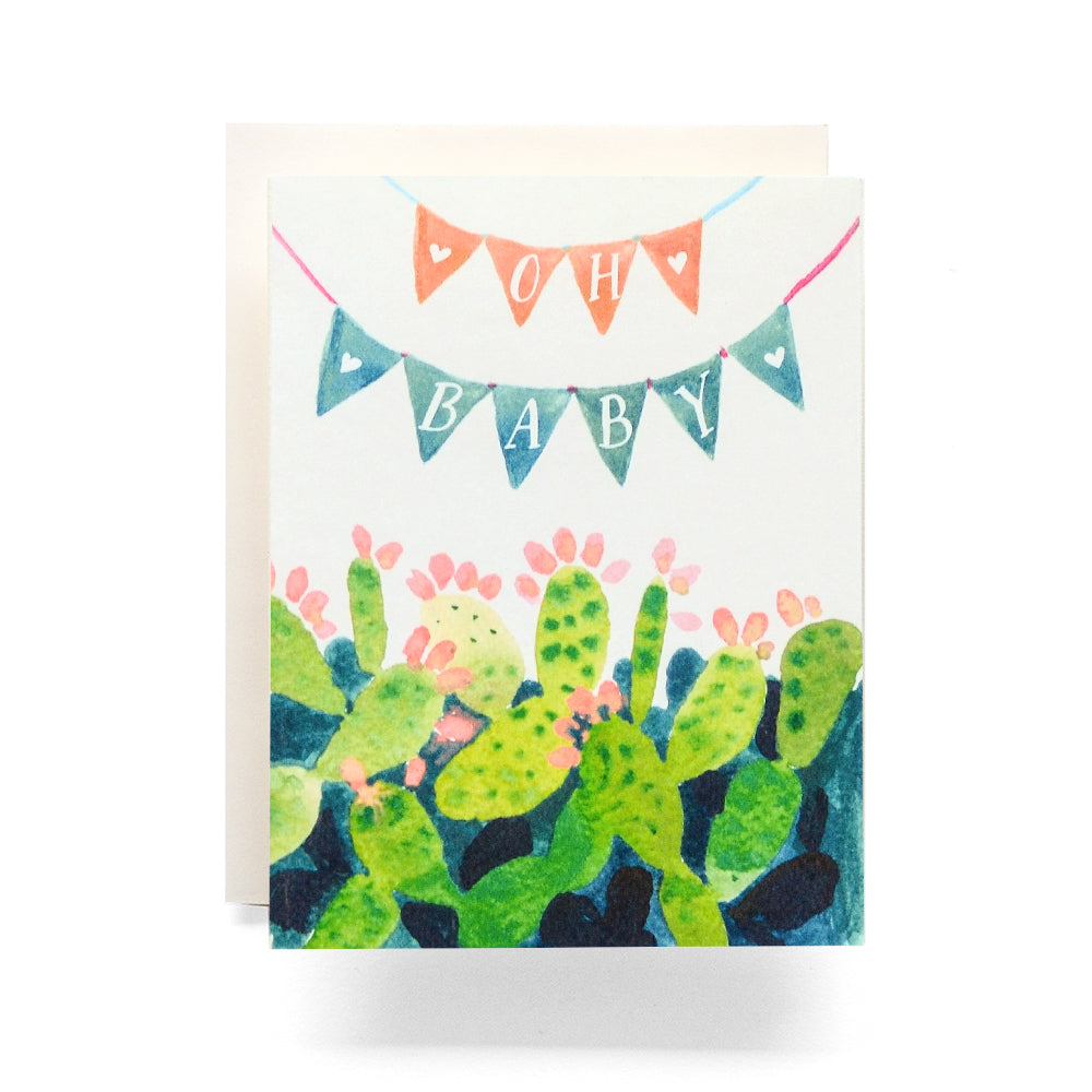 Watercolor cactus with a banner saying 'Oh Baby' on a blank greeting card