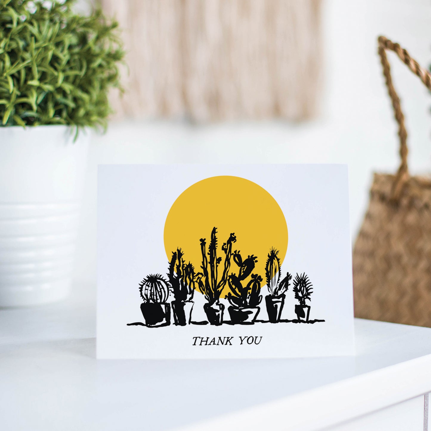 Thank you card with a potted cacti illustration and a warm, handwritten thank-you note