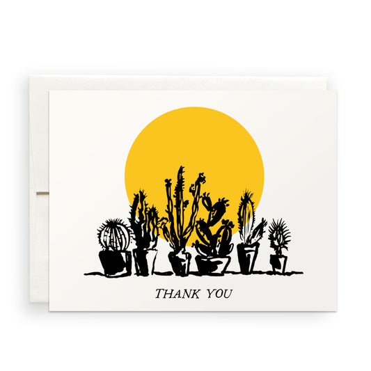 Thank you card with a potted cacti illustration and a warm, handwritten thank-you note