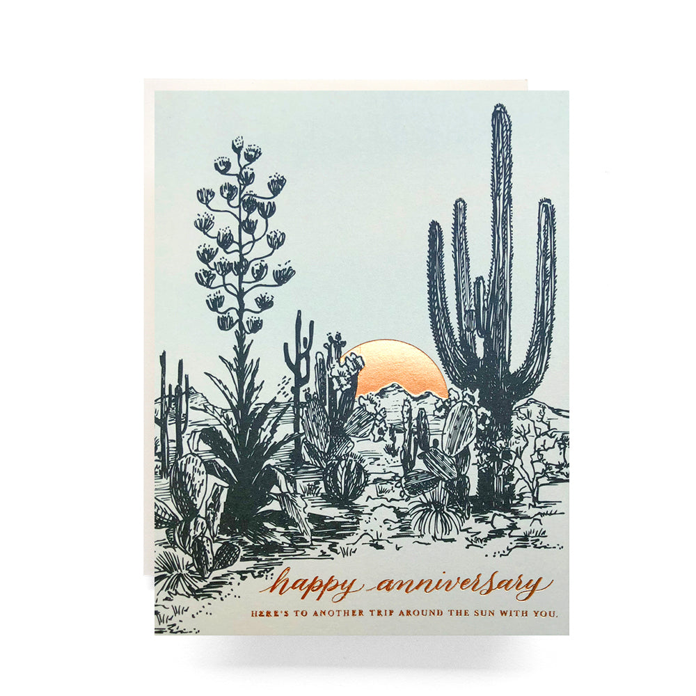 Cactus Sunset anniversary card with serene cactus design - celebrating love under the sunset.