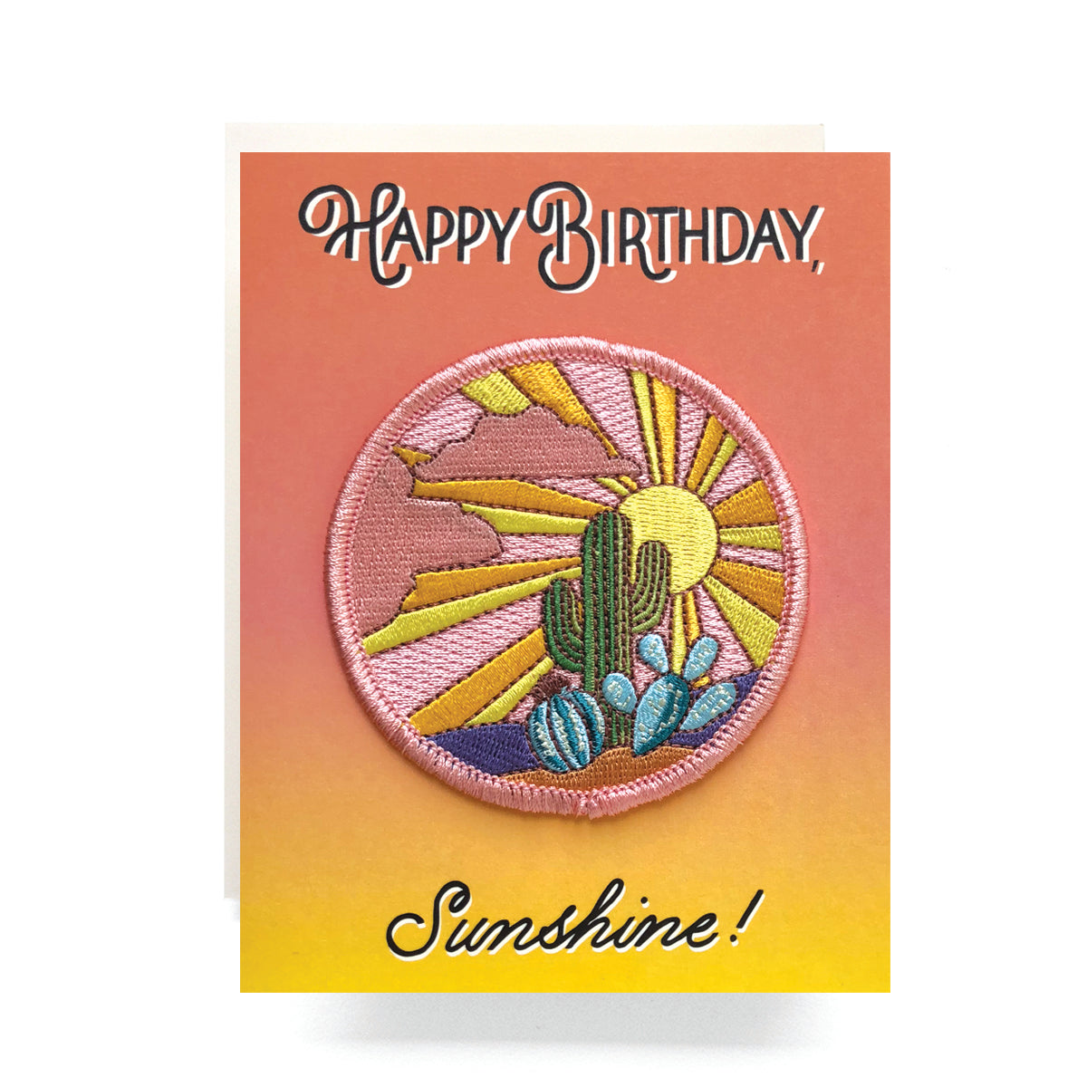 Desert-inspired birthday card with an iron-on cactus sunset patch, showcasing a serene desert scene and bright sun set colors for a nature-loving recipient.