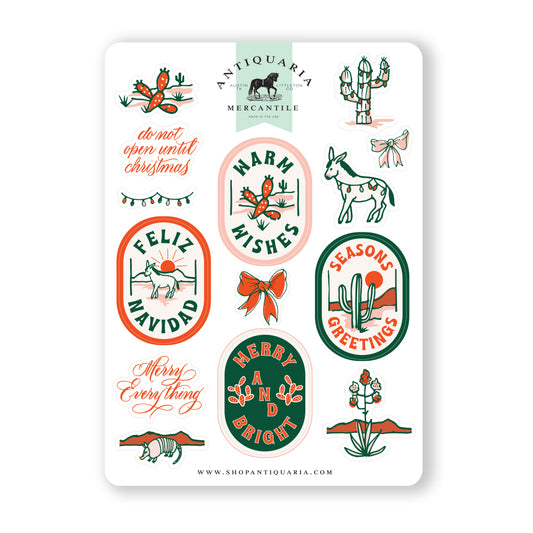 Vibrant cactus-themed sticker sheet showcasing a variety of colorful cactus designs and holiday desert elements, ideal for adding a holiday embellishment to notebooks, water bottles, or creative projects.