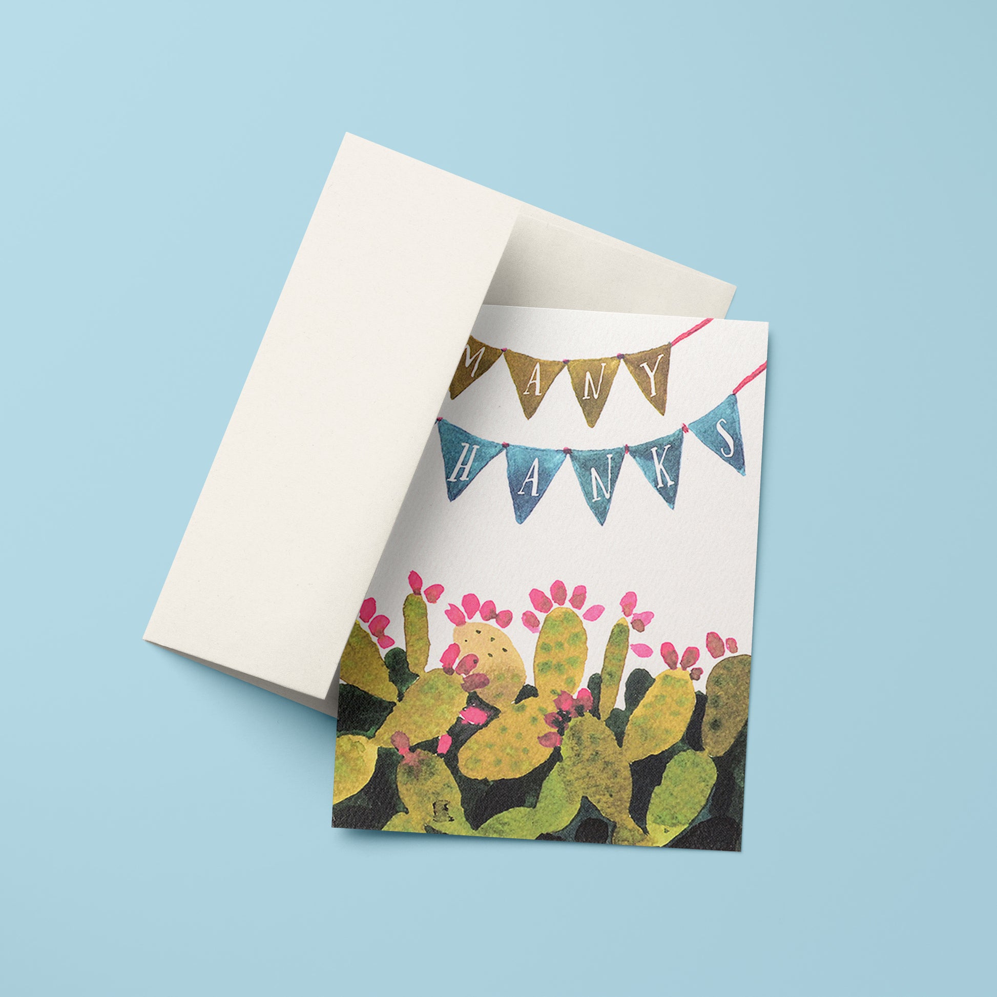 Thank you card with a cactus and pennant design, celebrating desert vibes.