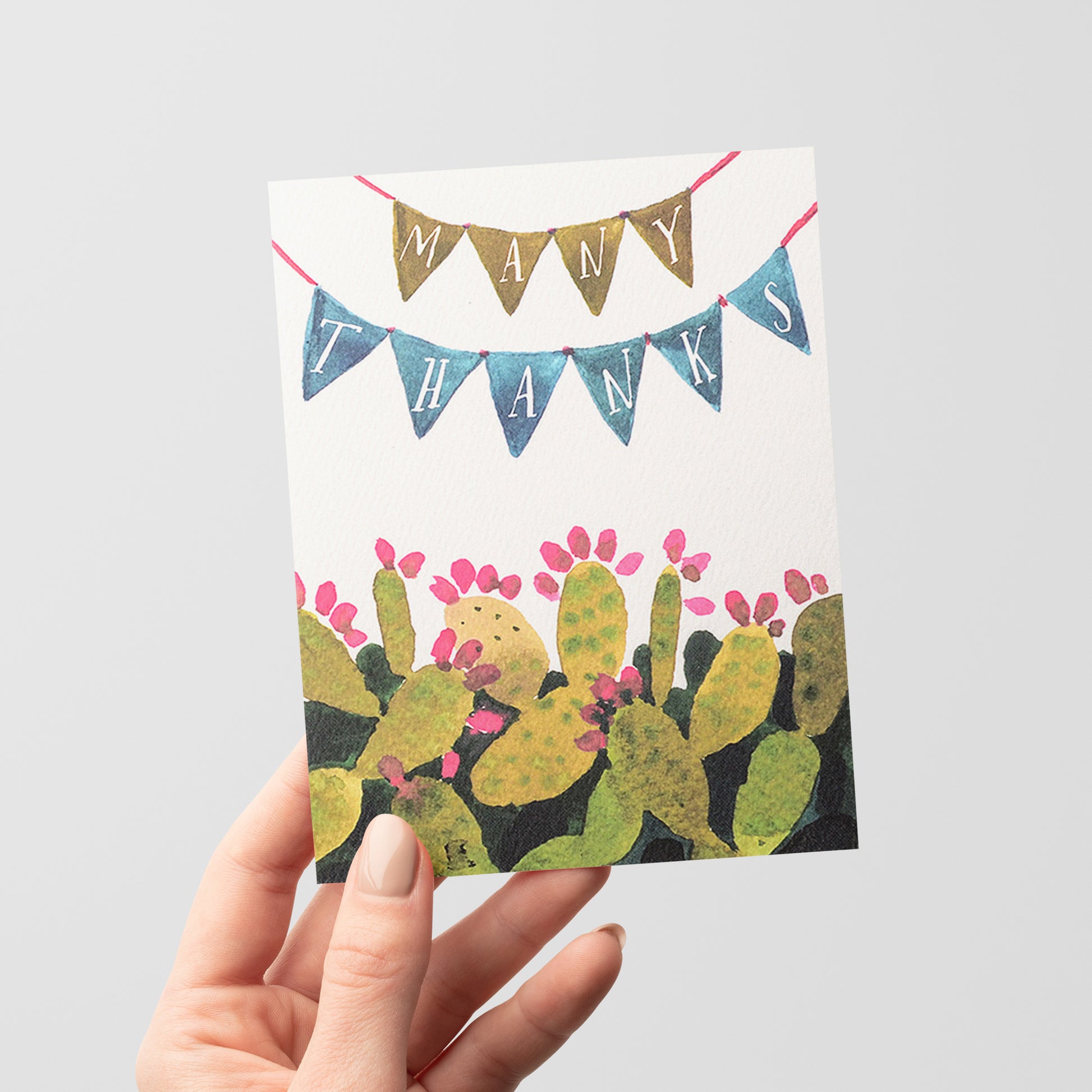 Thank you card with a cactus and pennant design, celebrating desert vibes.