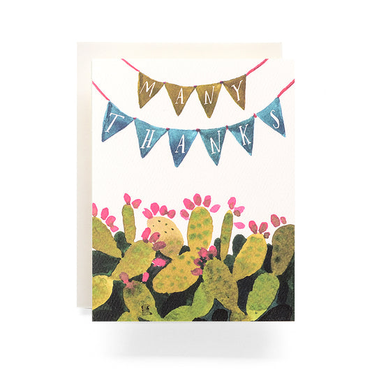 Thank you card with a cactus and pennant design, celebrating desert vibes.