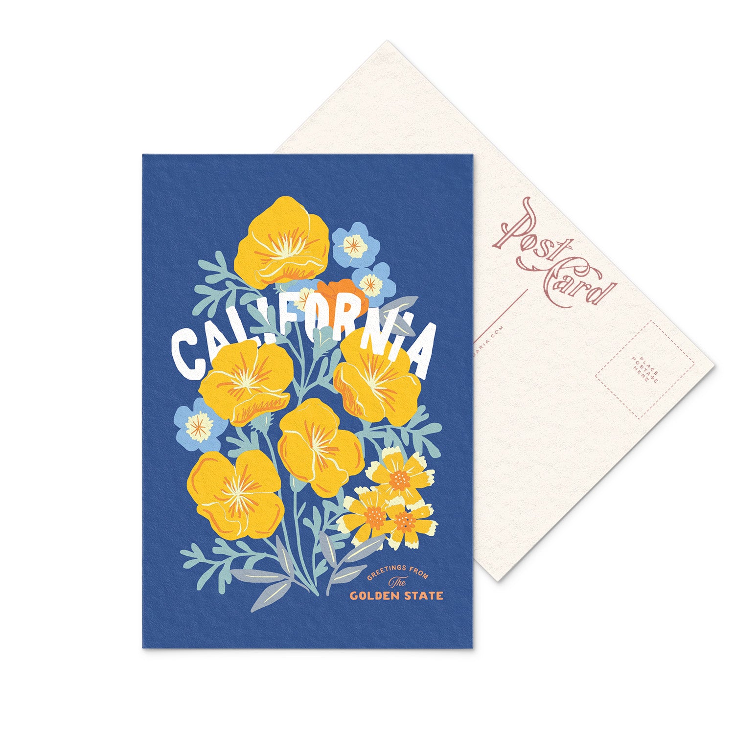 Bright and cheerful California postcard highlighting the California Poppy, the state's vibrant orange flower.