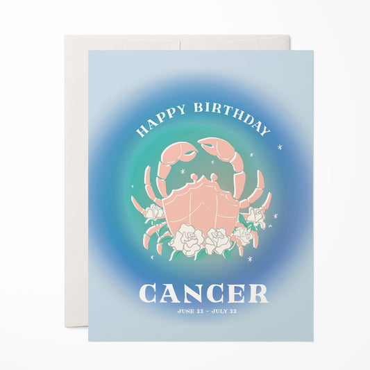 Soothing birthday card featuring the Cancer symbol with ocean-inspired blues and the crab symbol, celebrating Cancer's compassionate and intuitive energy.