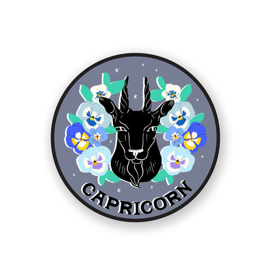 Capricorn zodiac sticker displaying a determined goat illustration in earthy tones, representing ambition and discipline.