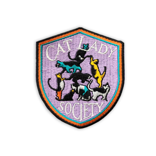 Cute tower of cats embroidered iron-on patch in vibrant colors, great for personalizing clothing and backpacks.