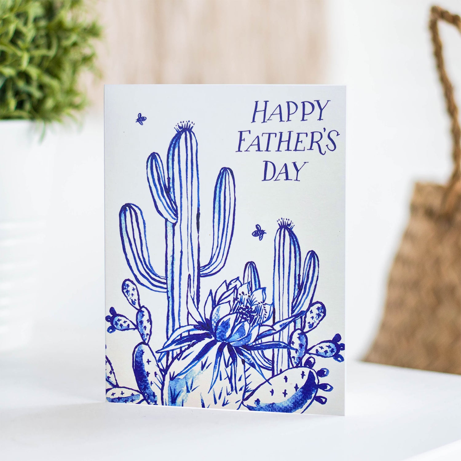 Cactus Garden Father's Day card with a desert plant theme in beautiful blue watercolor, perfect for fathers who enjoy succulents and the outdoors.