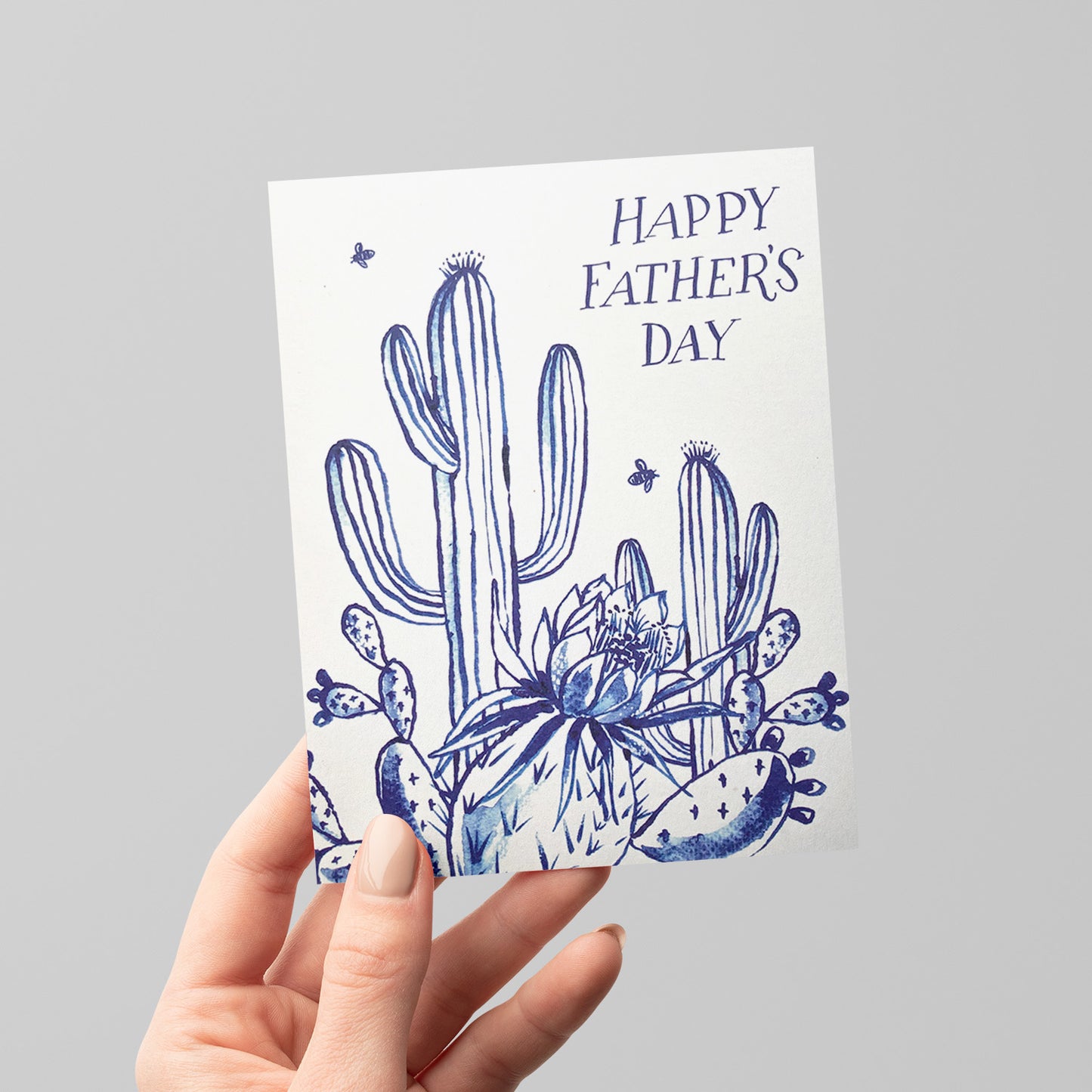 Cactus Garden Father's Day card with a desert plant theme in beautiful blue watercolor, perfect for fathers who enjoy succulents and the outdoors.