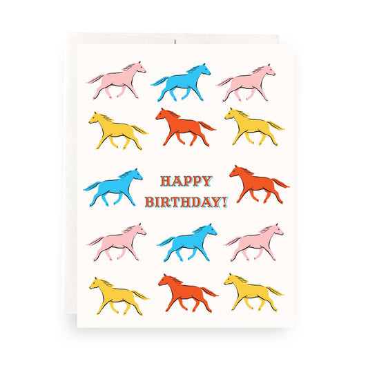 Rustic birthday card featuring a colorful illustration of horses, celebrating the spirit of the wild.