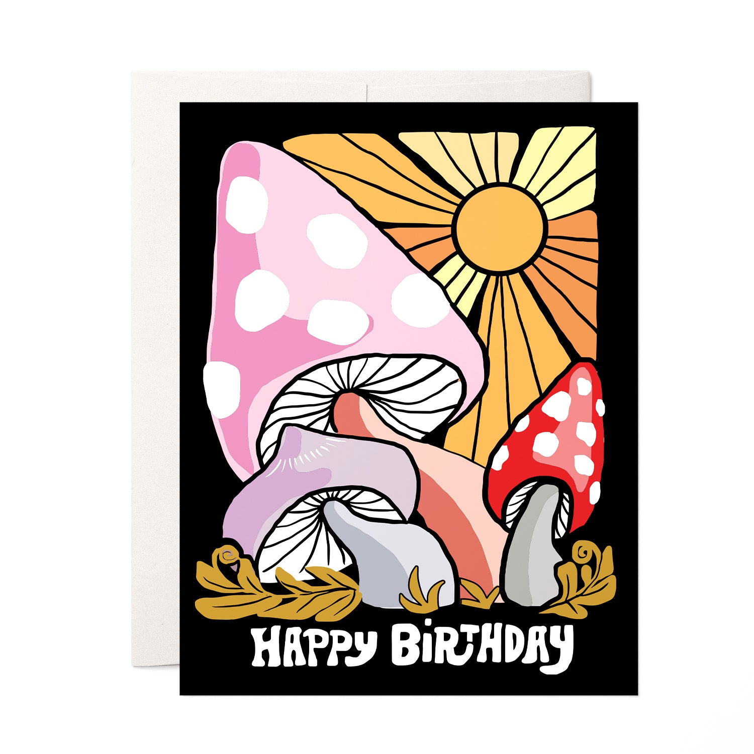 Whimsical birthday card with colorful, enchanted mushrooms in bright colors, perfect for a fun and magical celebration.