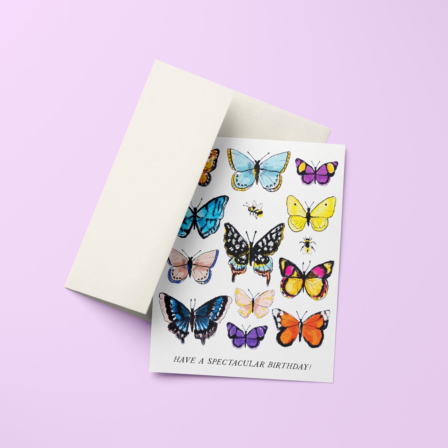 Elegant birthday card showcasing beautifully illustrated butterflies in vibrant colors, symbolizing transformation and joy for the special day.