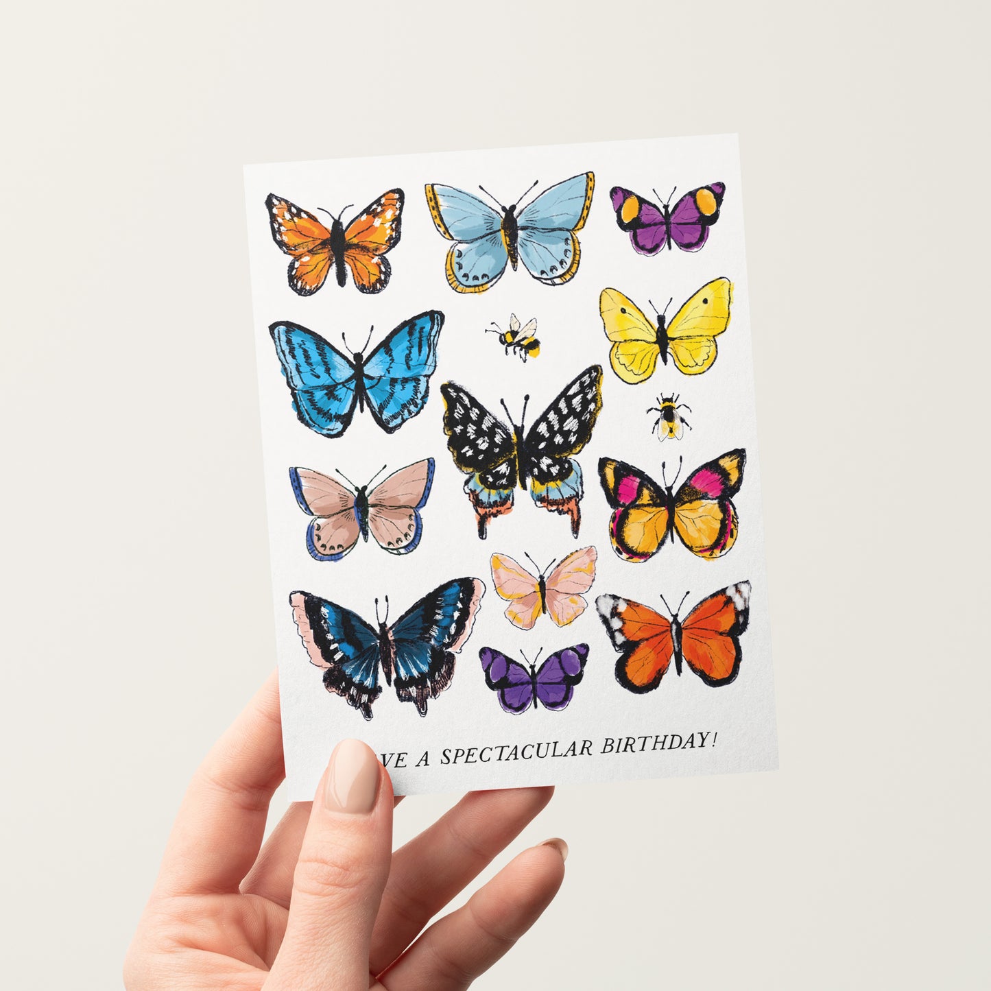 Elegant birthday card showcasing beautifully illustrated butterflies in vibrant colors, symbolizing transformation and joy for the special day.